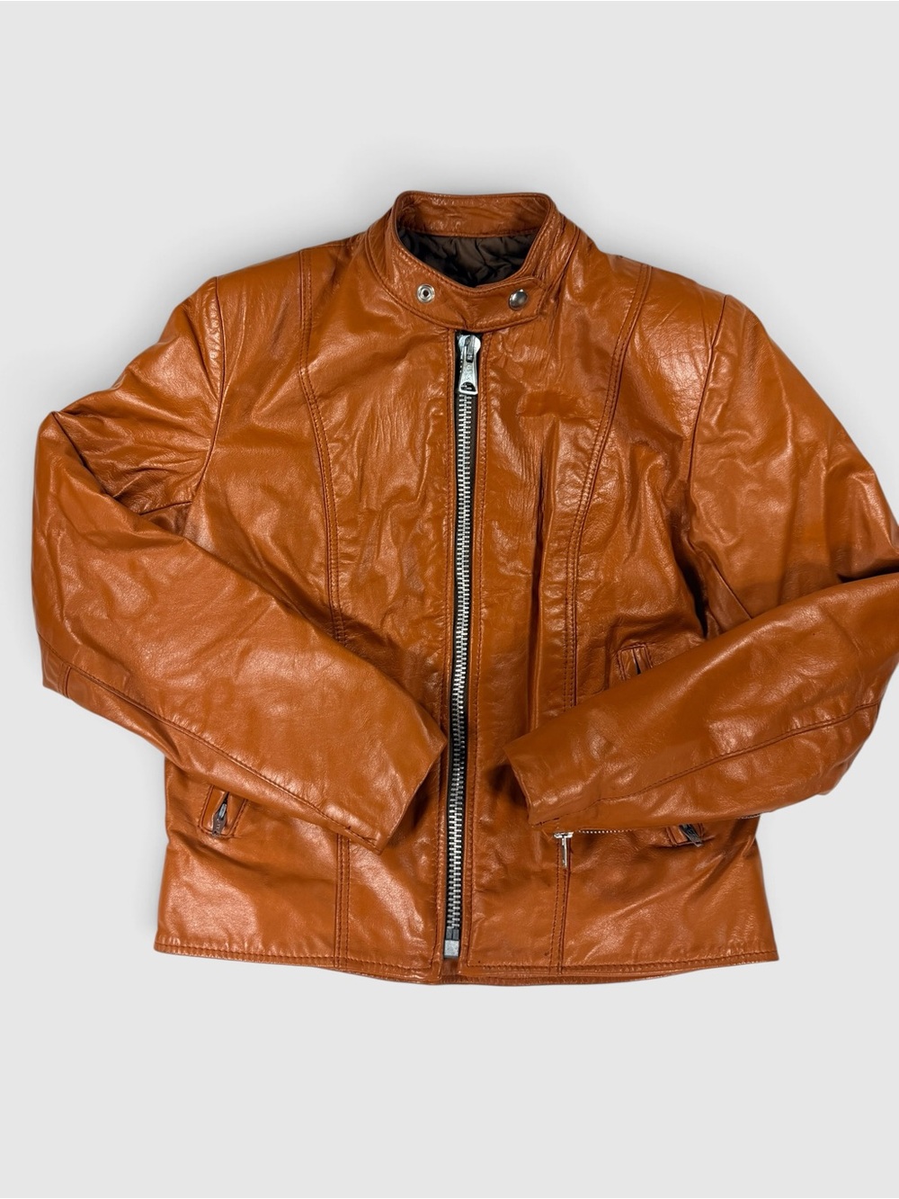 Vintage 70s Golden Crown Bristol Cropped Leather Cafe Racer Jacket Cognac XS/S